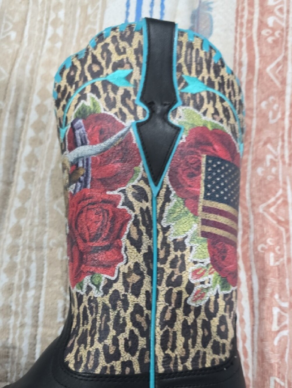 Ariat Black Leather Western Boots with Leopard Print and Red Rose Embroidery - Picture 5 of 12